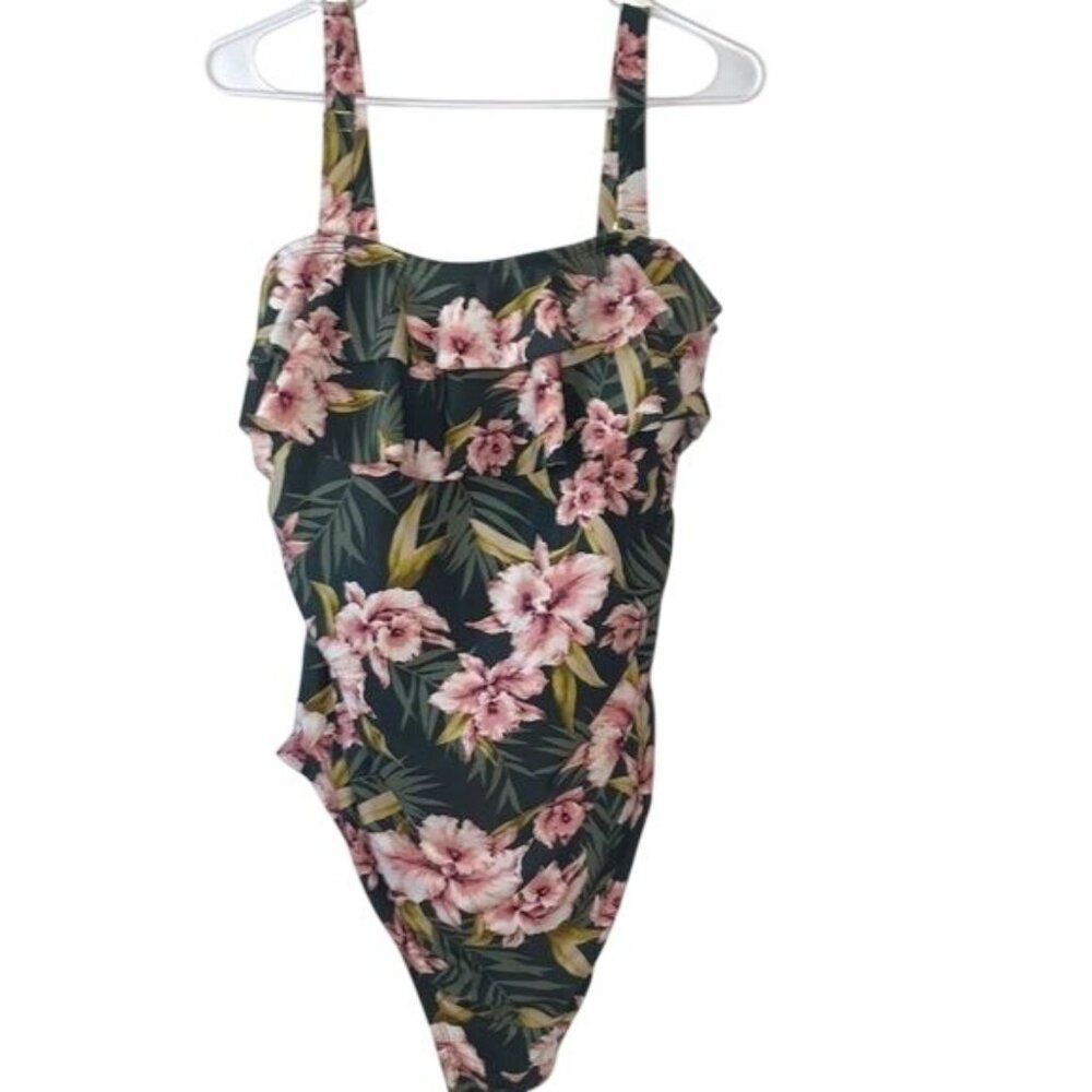 Kona Sol 18W Tropical Floral One-Piece Swimsuit With Ruffle Detail & Built-In Br